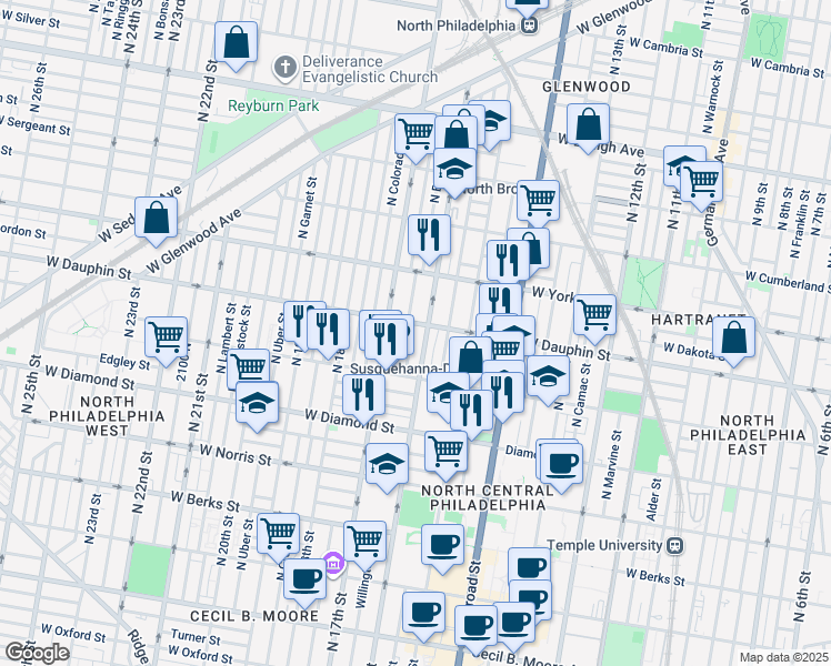 map of restaurants, bars, coffee shops, grocery stores, and more near 2265 North Bancroft Street in Philadelphia