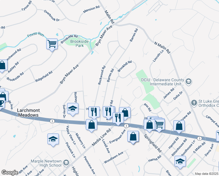 map of restaurants, bars, coffee shops, grocery stores, and more near 57 Barren Road in Newtown Square