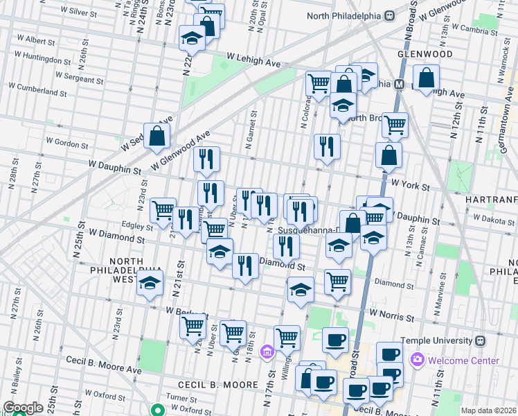 map of restaurants, bars, coffee shops, grocery stores, and more near 2258 North Gratz Street in Philadelphia