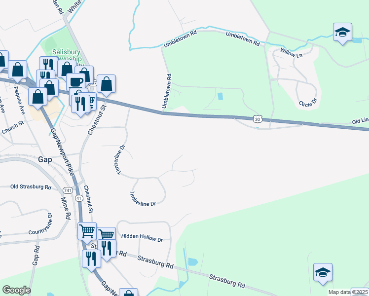 map of restaurants, bars, coffee shops, grocery stores, and more near 5470 Lincoln Highway in Gap