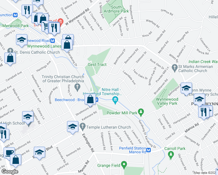 map of restaurants, bars, coffee shops, grocery stores, and more near 620 Lakeside Avenue in Havertown
