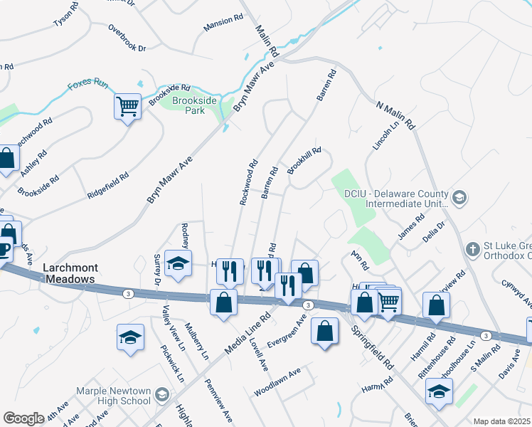 map of restaurants, bars, coffee shops, grocery stores, and more near 57 Barren Road in Newtown Square