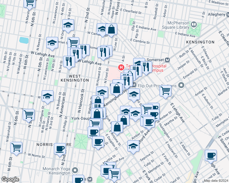 map of restaurants, bars, coffee shops, grocery stores, and more near 2513 North Water Street in Philadelphia