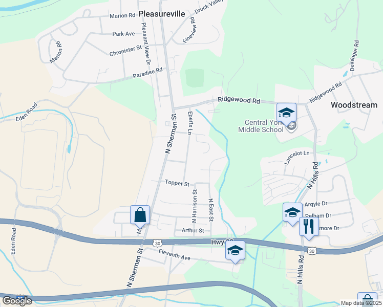 map of restaurants, bars, coffee shops, grocery stores, and more near 1837 Eberts Lane in York