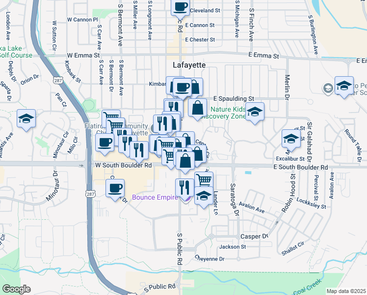 map of restaurants, bars, coffee shops, grocery stores, and more near 1100 South Public Road in Lafayette