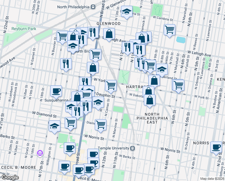 map of restaurants, bars, coffee shops, grocery stores, and more near 2346 North Camac Street in Philadelphia