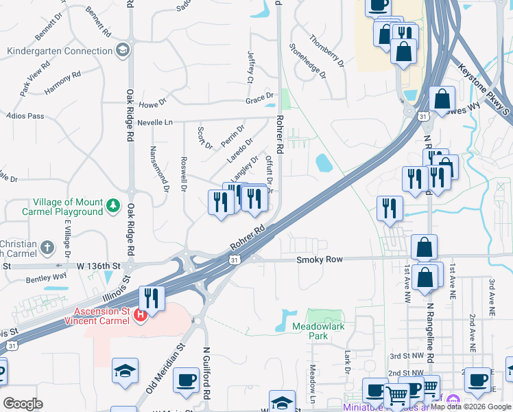 map of restaurants, bars, coffee shops, grocery stores, and more near 629 Lockerbie Place in Carmel