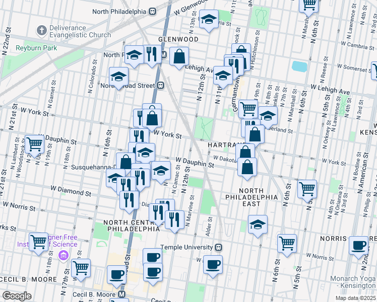 map of restaurants, bars, coffee shops, grocery stores, and more near 2328 North 12th Street in Philadelphia