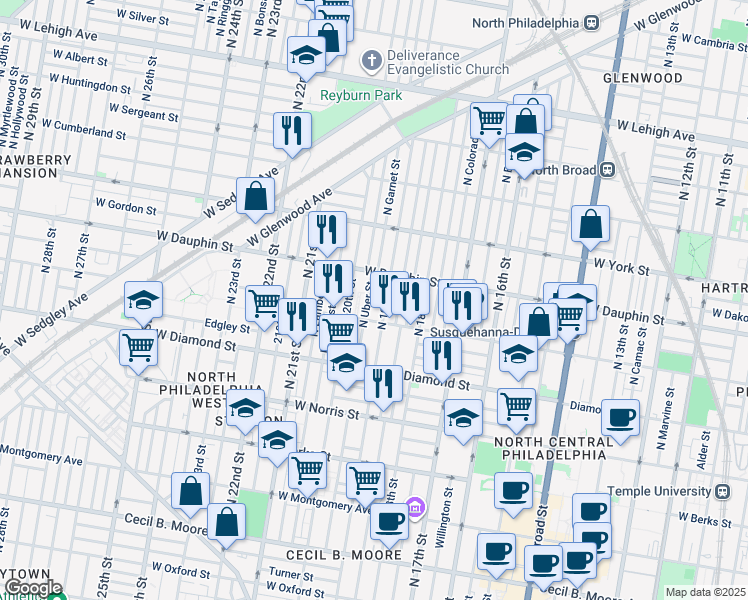 map of restaurants, bars, coffee shops, grocery stores, and more near 2229 North Uber Street in Philadelphia