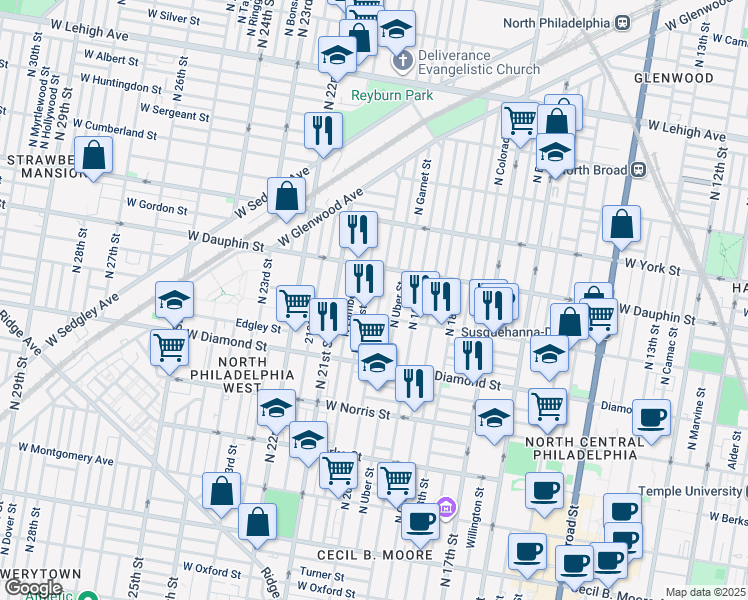 map of restaurants, bars, coffee shops, grocery stores, and more near 2218 North 20th Street in Philadelphia