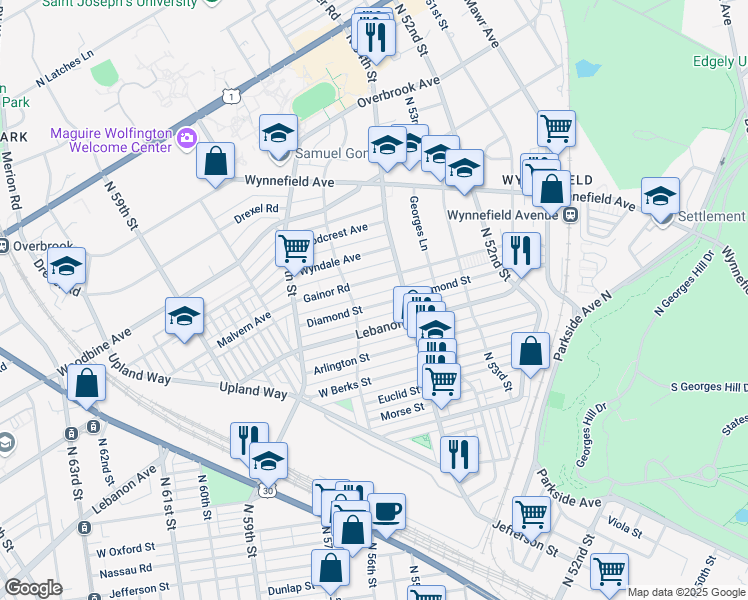 map of restaurants, bars, coffee shops, grocery stores, and more near 5437 Diamond Street in Philadelphia