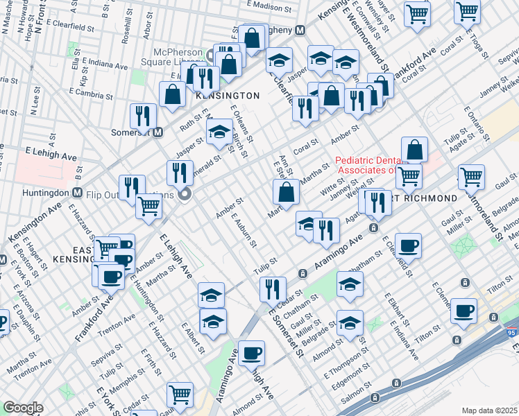 map of restaurants, bars, coffee shops, grocery stores, and more near 2137 East Cambria Street in Philadelphia