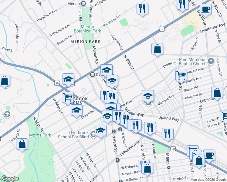 map of restaurants, bars, coffee shops, grocery stores, and more near 6012 Drexel Road in Philadelphia