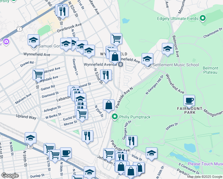 map of restaurants, bars, coffee shops, grocery stores, and more near 1967 North 52nd Street in Philadelphia