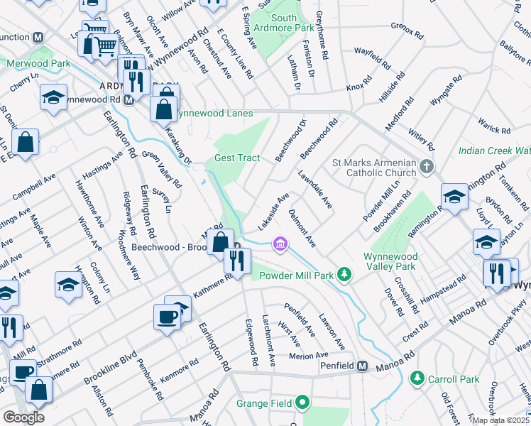 map of restaurants, bars, coffee shops, grocery stores, and more near 620 Lakeside Avenue in Havertown