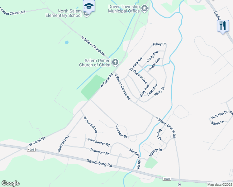 map of restaurants, bars, coffee shops, grocery stores, and more near 4830 South Salem Church Road in Dover
