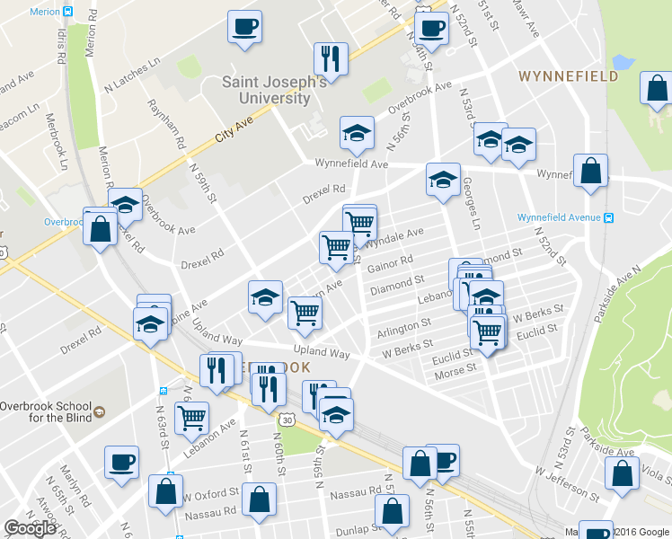 map of restaurants, bars, coffee shops, grocery stores, and more near 5736 Wyndale Avenue in Philadelphia