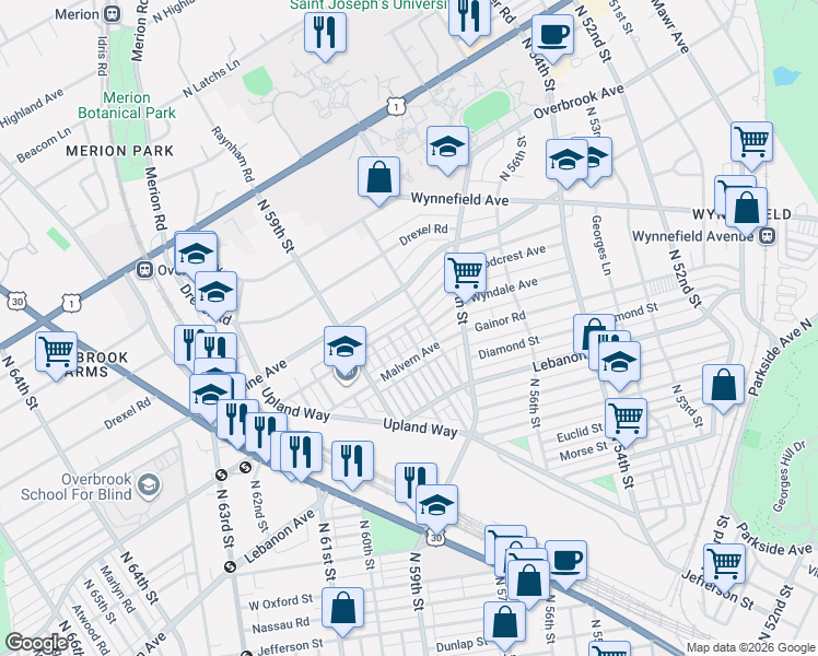 map of restaurants, bars, coffee shops, grocery stores, and more near 5819 Woodcrest Avenue in Philadelphia