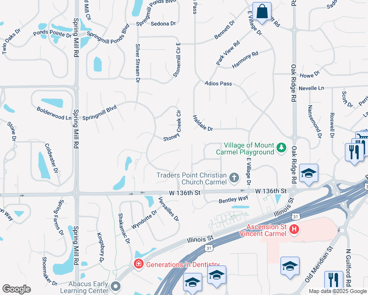 map of restaurants, bars, coffee shops, grocery stores, and more near 13716 Thistlewood Drive West in Carmel