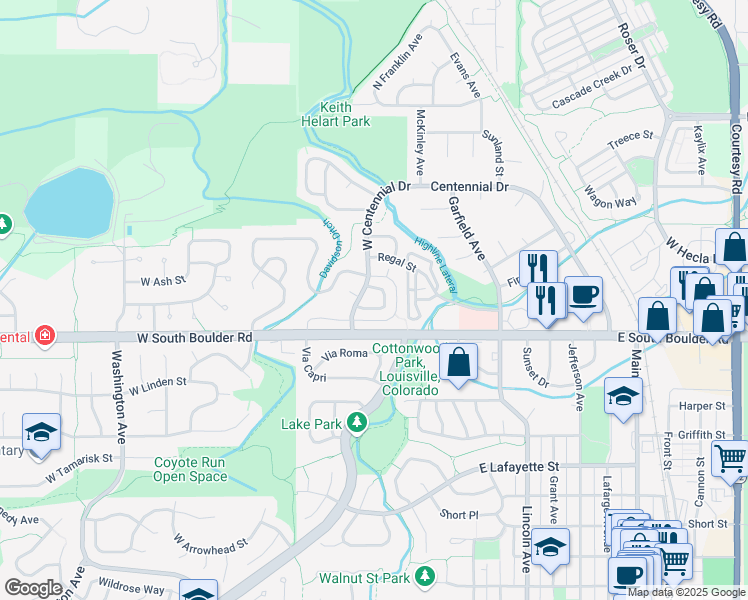 map of restaurants, bars, coffee shops, grocery stores, and more near 1860 West Centennial Drive in Louisville