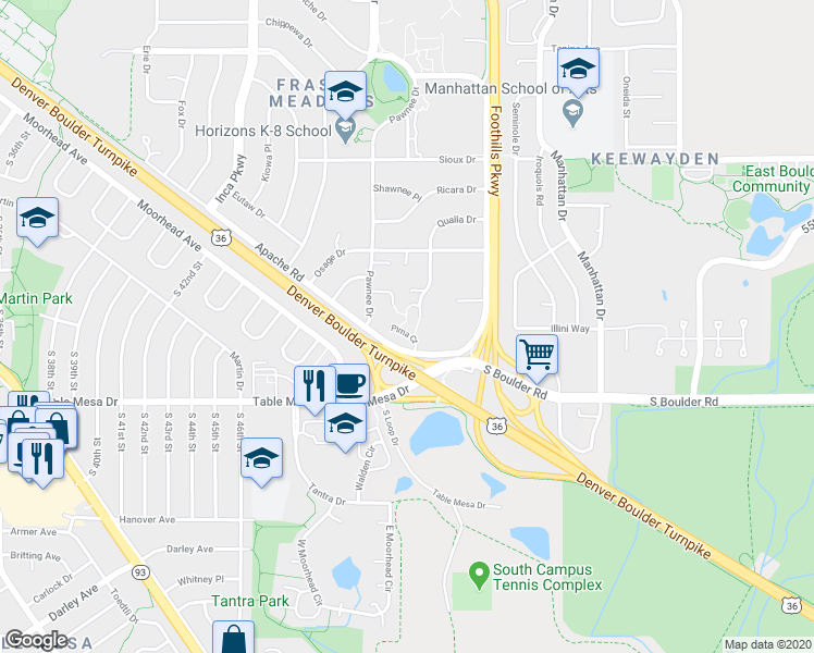 map of restaurants, bars, coffee shops, grocery stores, and more near 4690 Pawnee Place in Boulder