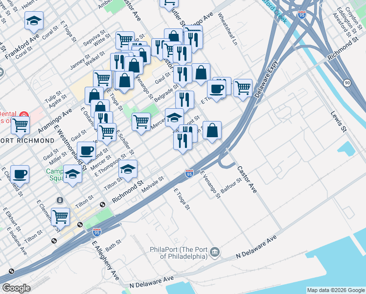 map of restaurants, bars, coffee shops, grocery stores, and more near 2730 East Venango Street in Philadelphia