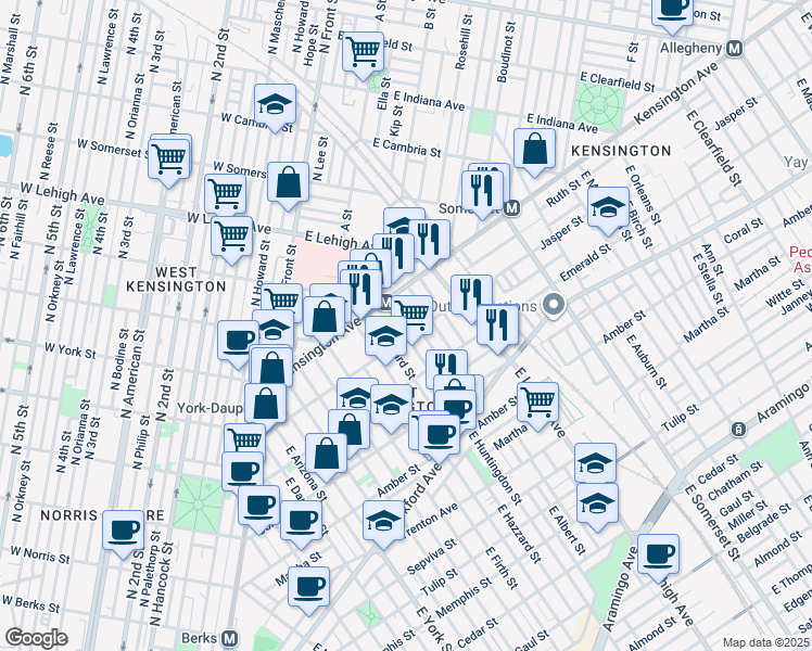 map of restaurants, bars, coffee shops, grocery stores, and more near 1836 East Albert Street in Philadelphia