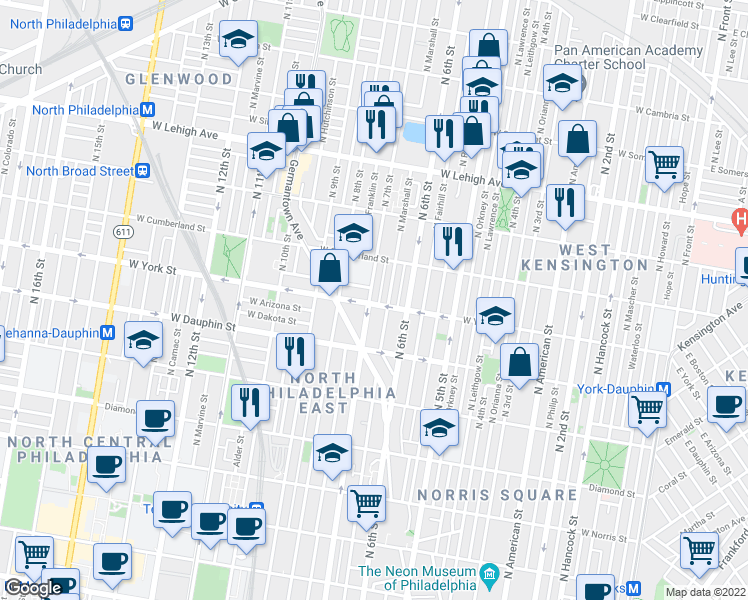 map of restaurants, bars, coffee shops, grocery stores, and more near 2422 North Marshall Street in Philadelphia