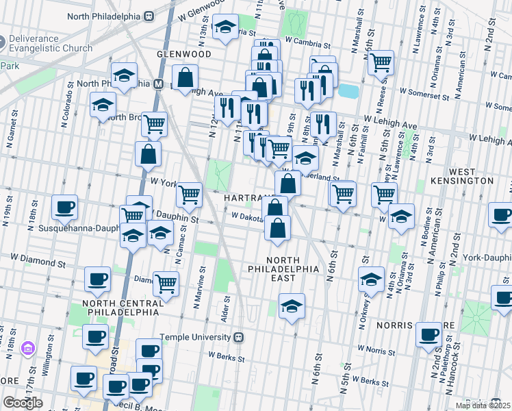 map of restaurants, bars, coffee shops, grocery stores, and more near 2353 North 10th Street in Philadelphia
