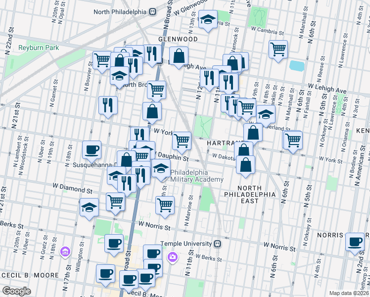 map of restaurants, bars, coffee shops, grocery stores, and more near 2346 North Camac Street in Philadelphia