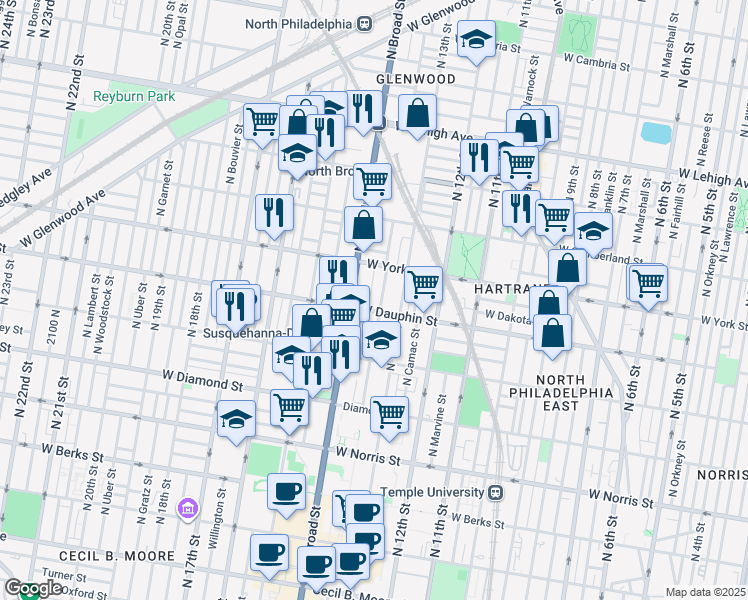 map of restaurants, bars, coffee shops, grocery stores, and more near 2330 North Park Avenue in Philadelphia