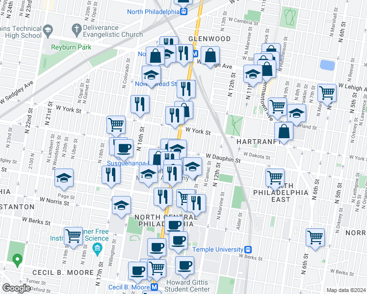 map of restaurants, bars, coffee shops, grocery stores, and more near 2320 North Broad Street in Philadelphia