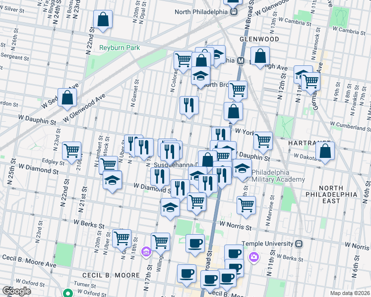 map of restaurants, bars, coffee shops, grocery stores, and more near 1543 West Dauphin Street in Philadelphia