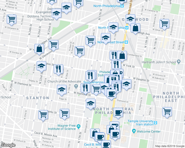 map of restaurants, bars, coffee shops, grocery stores, and more near 2262 North Chadwick Street in Philadelphia