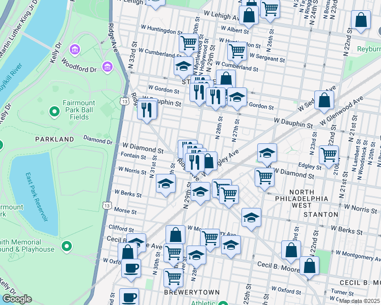 map of restaurants, bars, coffee shops, grocery stores, and more near 2938 Westmont Street in Philadelphia
