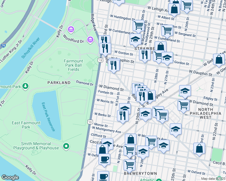 map of restaurants, bars, coffee shops, grocery stores, and more near in Philadelphia