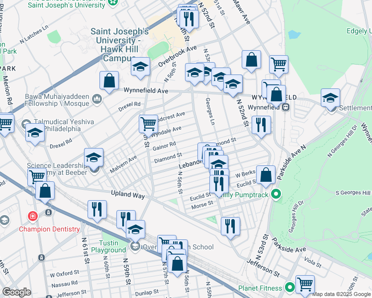 map of restaurants, bars, coffee shops, grocery stores, and more near 5420 Gainor Road in Philadelphia
