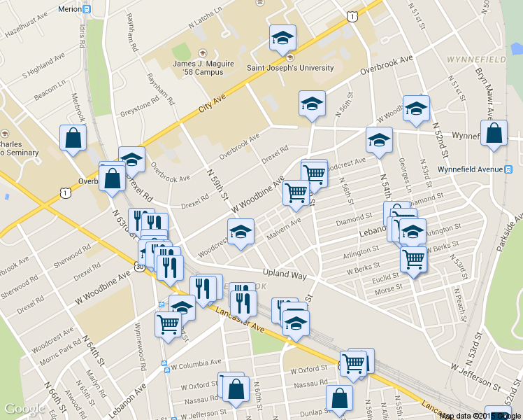 map of restaurants, bars, coffee shops, grocery stores, and more near 5819 Woodcrest Avenue in Philadelphia