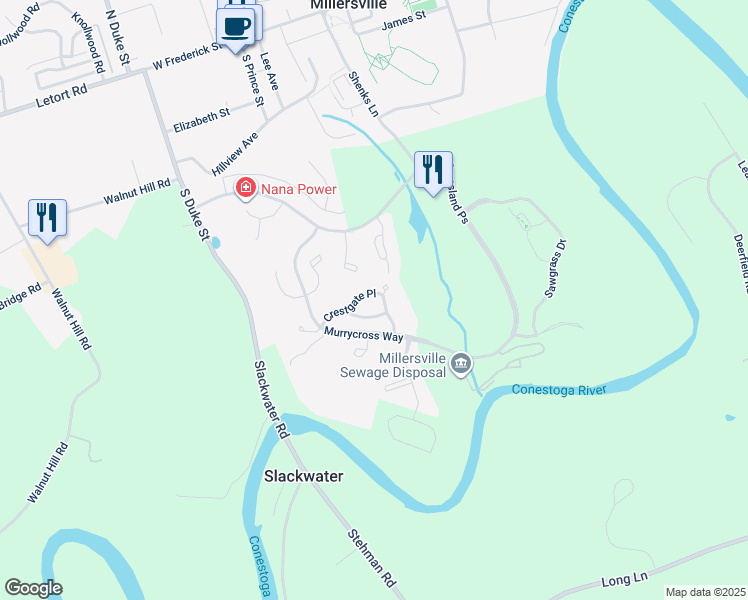 map of restaurants, bars, coffee shops, grocery stores, and more near 627 Crestgate Place in Millersville