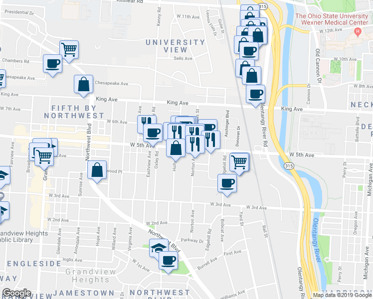 map of restaurants, bars, coffee shops, grocery stores, and more near 968 West 5th Avenue in Columbus