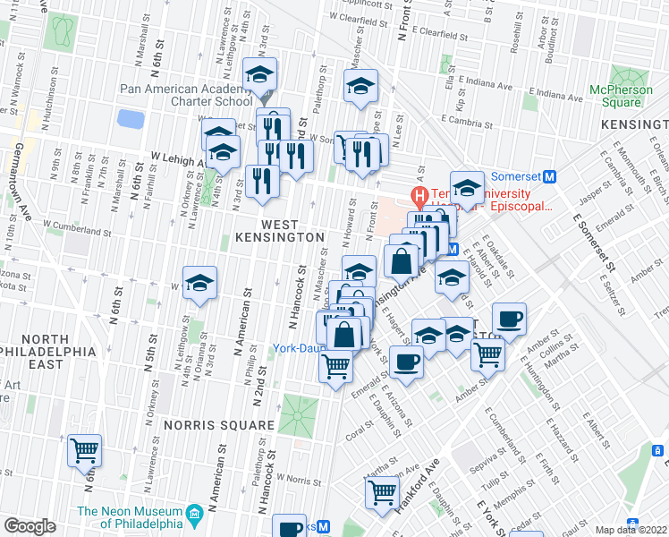 map of restaurants, bars, coffee shops, grocery stores, and more near 143 West Cumberland Street in Philadelphia
