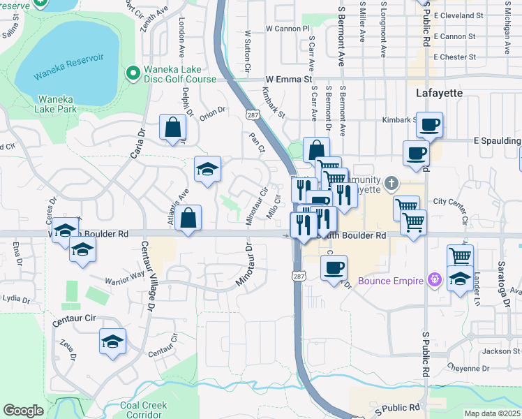 map of restaurants, bars, coffee shops, grocery stores, and more near 1191 Milo Circle in Lafayette