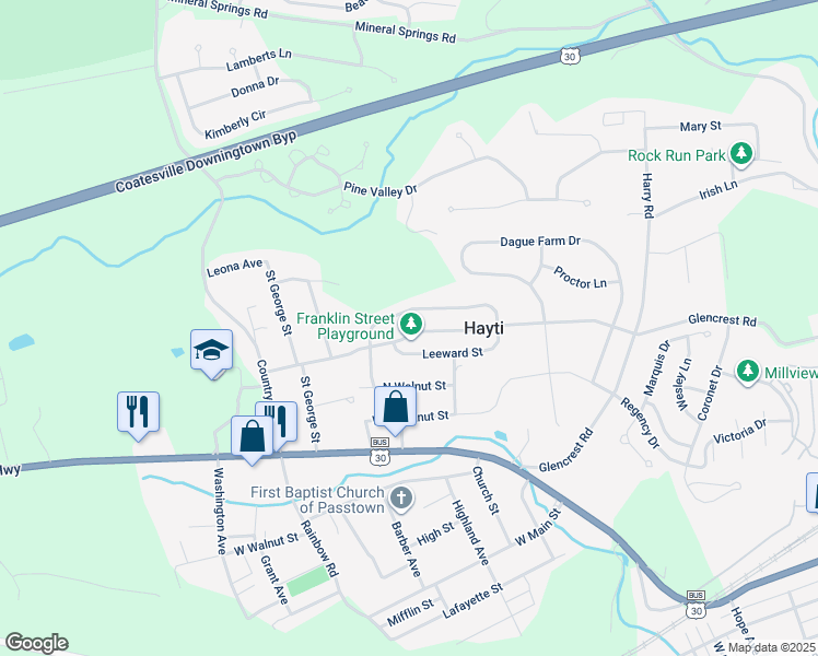map of restaurants, bars, coffee shops, grocery stores, and more near 841 Franklin Street in Coatesville