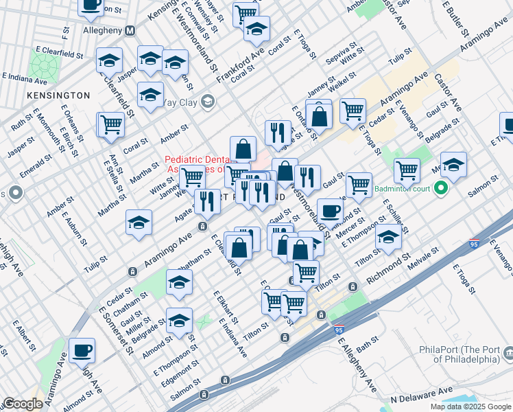 map of restaurants, bars, coffee shops, grocery stores, and more near 2401 East Allegheny Avenue in Philadelphia