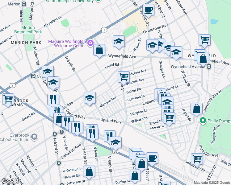 map of restaurants, bars, coffee shops, grocery stores, and more near 5736 Wyndale Avenue in Philadelphia