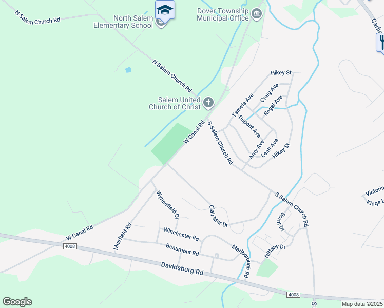 map of restaurants, bars, coffee shops, grocery stores, and more near 2886 West Canal Road in Dover