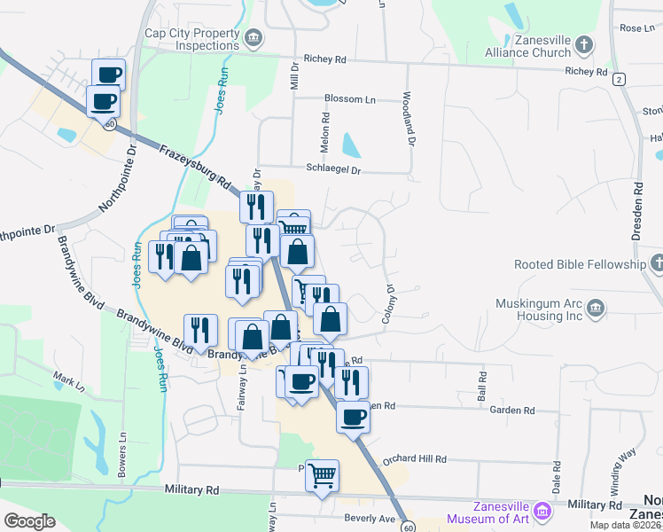 map of restaurants, bars, coffee shops, grocery stores, and more near 3574 Chesapeake Drive in Zanesville