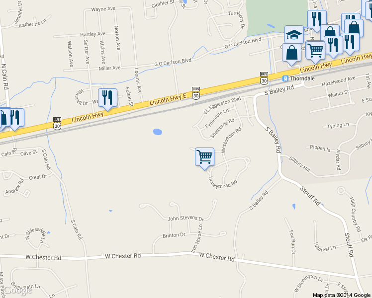 map of restaurants, bars, coffee shops, grocery stores, and more near 2945 Avebury Stone Circle in Downingtown