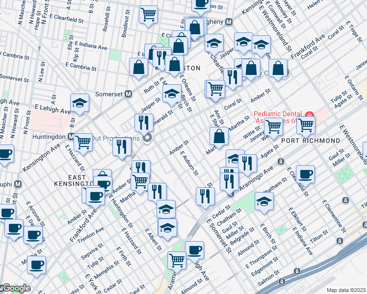 map of restaurants, bars, coffee shops, grocery stores, and more near 2853 Amber Street in Philadelphia