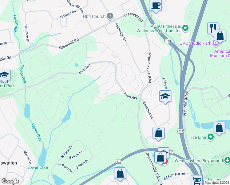 map of restaurants, bars, coffee shops, grocery stores, and more near 1811 Saroyan Lane in West Chester